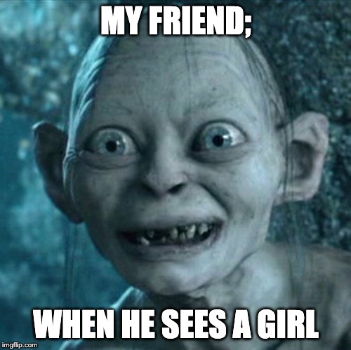 Gollum | MY FRIEND;; WHEN HE SEES A GIRL | image tagged in memes,gollum | made w/ Imgflip meme maker