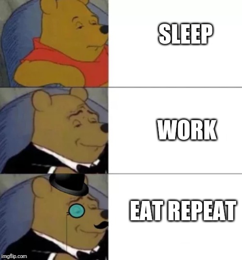 Fancy pooh | SLEEP; WORK; EAT REPEAT | image tagged in fancy pooh | made w/ Imgflip meme maker