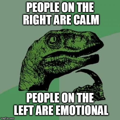 Philosoraptor | PEOPLE ON THE RIGHT ARE CALM; PEOPLE ON THE LEFT ARE EMOTIONAL | image tagged in memes,philosoraptor | made w/ Imgflip meme maker