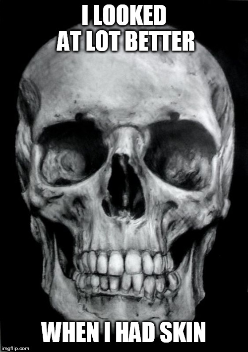skull | I LOOKED AT LOT BETTER; WHEN I HAD SKIN | image tagged in skull | made w/ Imgflip meme maker