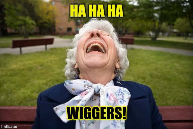 Elderly woman laughing LOL | HA HA HA WIGGERS! | image tagged in elderly woman laughing lol | made w/ Imgflip meme maker
