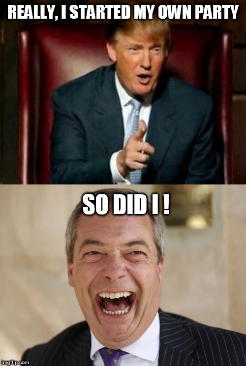 REALLY, I STARTED MY OWN PARTY; SO DID I ! | image tagged in donald trump,nigel farage | made w/ Imgflip meme maker
