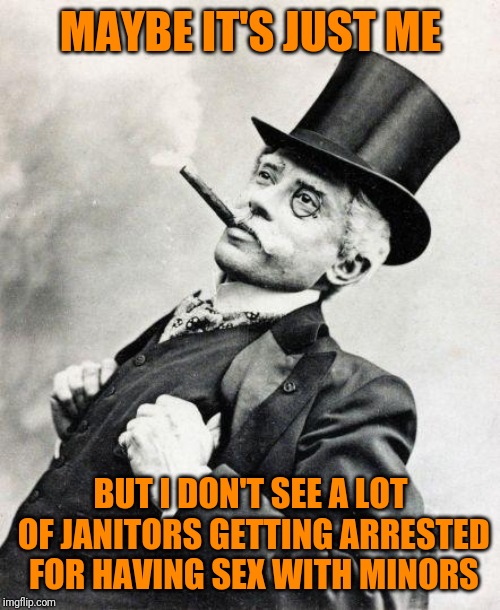 Smug gentleman | MAYBE IT'S JUST ME BUT I DON'T SEE A LOT OF JANITORS GETTING ARRESTED FOR HAVING SEX WITH MINORS | image tagged in smug gentleman | made w/ Imgflip meme maker