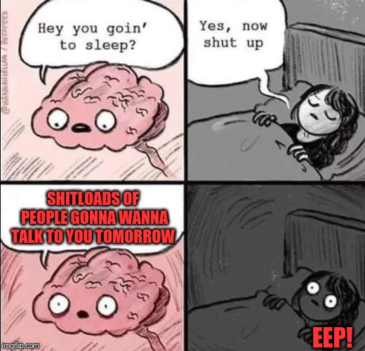 waking up brain | SHITLOADS OF PEOPLE GONNA WANNA TALK TO YOU TOMORROW; EEP! | image tagged in waking up brain | made w/ Imgflip meme maker