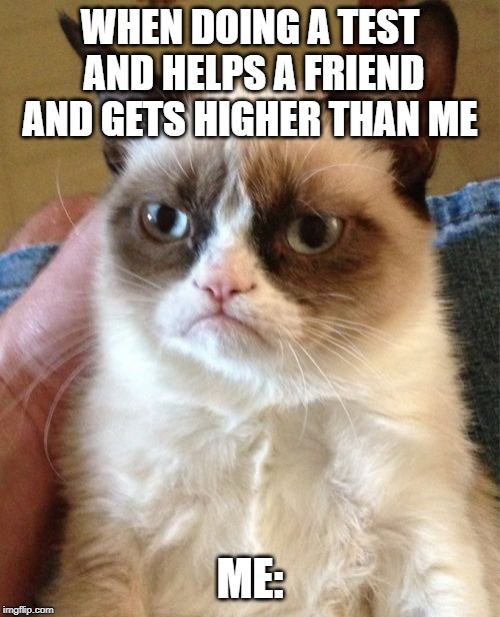 School Life | WHEN DOING A TEST AND HELPS A FRIEND AND GETS HIGHER THAN ME; ME: | image tagged in memes,grumpy cat | made w/ Imgflip meme maker