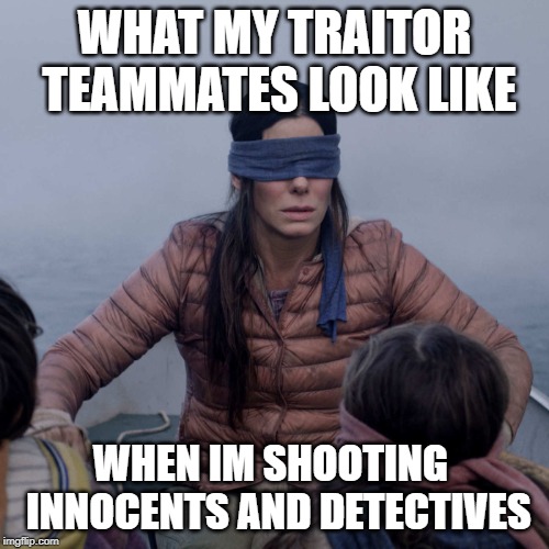 Bird Box Meme | WHAT MY TRAITOR TEAMMATES LOOK LIKE; WHEN IM SHOOTING  INNOCENTS AND DETECTIVES | image tagged in memes,bird box | made w/ Imgflip meme maker