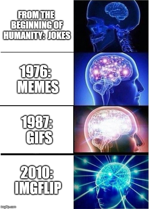 Improvement of the purpose of laughing... | FROM THE BEGINNING OF HUMANITY: 
JOKES; 1976:
 MEMES; 1987: 
GIFS; 2010: 
IMGFLIP | image tagged in memes,funny,gifs,jokes,imgflip,year | made w/ Imgflip meme maker