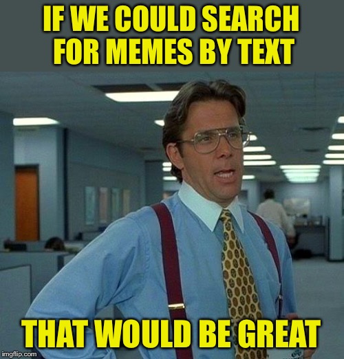 Would help avoid reposts. | IF WE COULD SEARCH FOR MEMES BY TEXT; THAT WOULD BE GREAT | image tagged in memes,that would be great,search | made w/ Imgflip meme maker