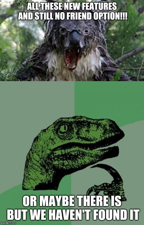 ALL THESE NEW FEATURES AND STILL NO FRIEND OPTION!!! OR MAYBE THERE IS BUT WE HAVEN'T FOUND IT | image tagged in memes,philosoraptor,angry koala | made w/ Imgflip meme maker
