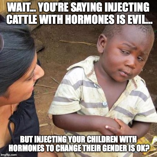 Liberal hypocrisy is so completely evident only academics and liberals can't see it. | WAIT... YOU'RE SAYING INJECTING CATTLE WITH HORMONES IS EVIL... BUT INJECTING YOUR CHILDREN WITH HORMONES TO CHANGE THEIR GENDER IS OK? | image tagged in 2019,liberal logic,liberals,stupid liberals,hypocrisy,liberal hypocrisy | made w/ Imgflip meme maker