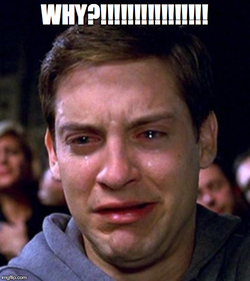 crying peter parker | WHY?!!!!!!!!!!!!!!!! | image tagged in crying peter parker | made w/ Imgflip meme maker