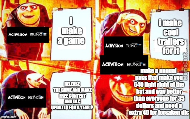 i make cool trailers for it; i make a game; make a annual pass that make you 640 light right of the bat and way better than everyone for 35 dollars and need a extra 40 for forsaken dlc; RELEASE THE GAME AND MAKE FREE CONTENT AND DLC UPDATES FOR A YEAR ? | image tagged in memes | made w/ Imgflip meme maker