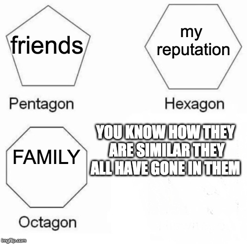Pentagon Hexagon Octagon Meme | my reputation; friends; YOU KNOW HOW THEY ARE SIMILAR THEY ALL HAVE GONE IN THEM; FAMILY | image tagged in memes,pentagon hexagon octagon | made w/ Imgflip meme maker