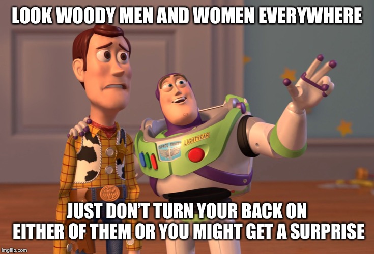 LOOK WOODY MEN AND WOMEN EVERYWHERE JUST DON’T TURN YOUR BACK ON EITHER OF THEM OR YOU MIGHT GET A SURPRISE | image tagged in memes,x x everywhere | made w/ Imgflip meme maker