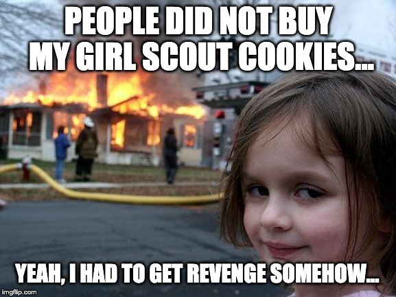 Disaster Girl | PEOPLE DID NOT BUY MY GIRL SCOUT COOKIES... YEAH, I HAD TO GET REVENGE SOMEHOW... | image tagged in memes,disaster girl | made w/ Imgflip meme maker