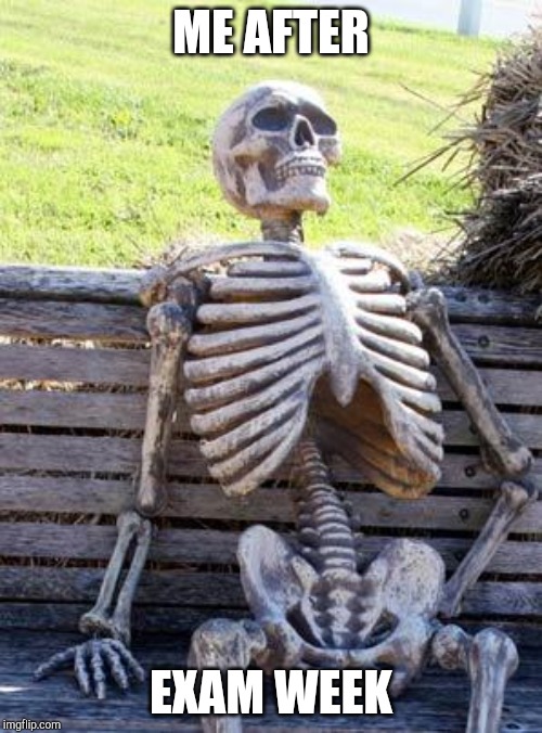 Waiting Skeleton Meme | ME AFTER; EXAM WEEK | image tagged in memes,waiting skeleton | made w/ Imgflip meme maker