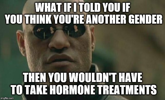 Matrix Morpheus Meme | WHAT IF I TOLD YOU IF YOU THINK YOU'RE ANOTHER GENDER; THEN YOU WOULDN'T HAVE TO TAKE HORMONE TREATMENTS | image tagged in memes,matrix morpheus | made w/ Imgflip meme maker