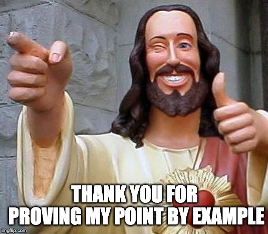 Jesus thanks you | THANK YOU FOR PROVING MY POINT BY EXAMPLE | image tagged in jesus thanks you | made w/ Imgflip meme maker