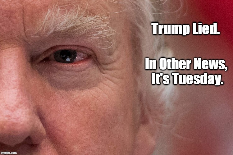 "Trump Lied...  In Other News, It's Tuesday" | Trump Lied. In Other News, It's Tuesday. | image tagged in dishonest donald,dishonorable donald,deplorable donald,despicable donald,deranged donald,trump is a compulsive liar | made w/ Imgflip meme maker