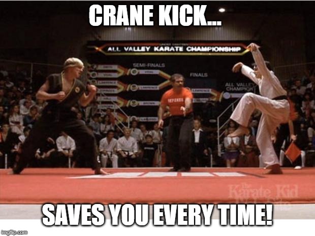 karate kid | CRANE KICK... SAVES YOU EVERY TIME! | image tagged in karate kid | made w/ Imgflip meme maker