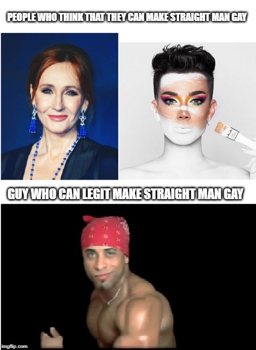 Straight to gay | PEOPLE WHO THINK THAT THEY CAN MAKE STRAIGHT MAN GAY; GUY WHO CAN LEGIT MAKE STRAIGHT MAN GAY | image tagged in jk rowling,james charles,ricardo milos,memes | made w/ Imgflip meme maker