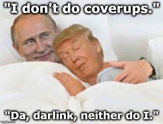 "I don't do coverups."; "Da, darlink, neither do I." | image tagged in trump,putin,coverups,cover-ups | made w/ Imgflip meme maker