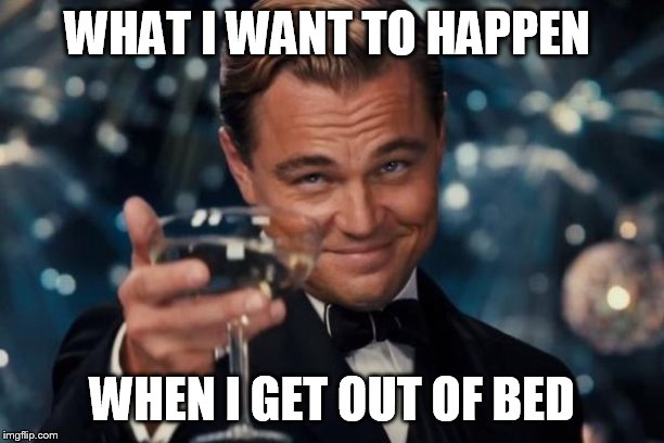 Leonardo Dicaprio Cheers Meme | WHAT I WANT TO HAPPEN; WHEN I GET OUT OF BED | image tagged in memes,leonardo dicaprio cheers | made w/ Imgflip meme maker