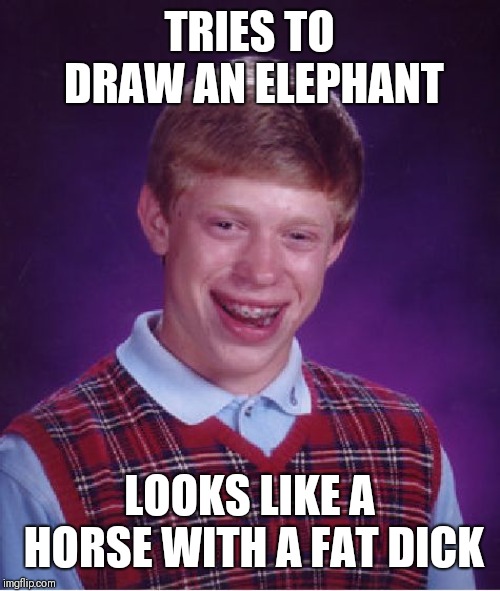 Bad Luck Brian Meme | TRIES TO DRAW AN ELEPHANT LOOKS LIKE A HORSE WITH A FAT DICK | image tagged in memes,bad luck brian | made w/ Imgflip meme maker