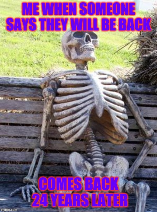 Waiting Skeleton Meme | ME WHEN SOMEONE SAYS THEY WILL BE BACK; COMES BACK 24 YEARS LATER | image tagged in memes,waiting skeleton | made w/ Imgflip meme maker