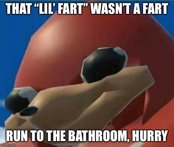 Ugandan Knuckles | THAT “LIL’ FART” WASN’T A FART; RUN TO THE BATHROOM, HURRY | image tagged in ugandan knuckles | made w/ Imgflip meme maker