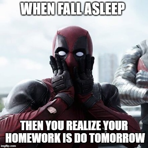 Deadpool Surprised | WHEN FALL ASLEEP; THEN YOU REALIZE YOUR HOMEWORK IS DO TOMORROW | image tagged in memes,deadpool surprised | made w/ Imgflip meme maker