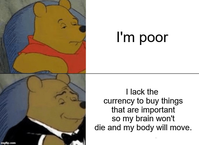 I'm poor | I'm poor; I lack the currency to buy things that are important so my brain won't die and my body will move. | image tagged in memes,tuxedo winnie the pooh | made w/ Imgflip meme maker
