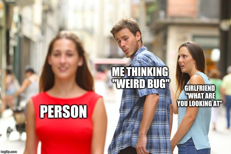 Distracted Boyfriend | ME THINKING "WEIRD BUG"; GIRLFRIEND "WHAT ARE YOU LOOKING AT"; PERSON | image tagged in memes,distracted boyfriend | made w/ Imgflip meme maker