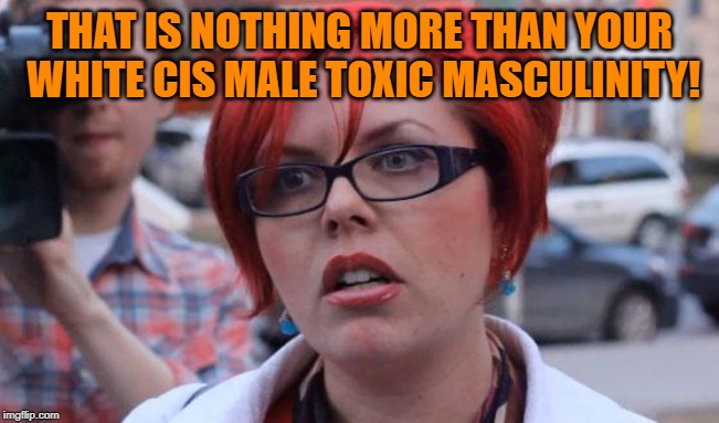 Angry Feminist | THAT IS NOTHING MORE THAN YOUR WHITE CIS MALE TOXIC MASCULINITY! | image tagged in angry feminist | made w/ Imgflip meme maker