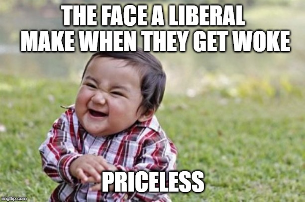 Evil Toddler Meme | THE FACE A LIBERAL MAKE WHEN THEY GET WOKE PRICELESS | image tagged in memes,evil toddler | made w/ Imgflip meme maker