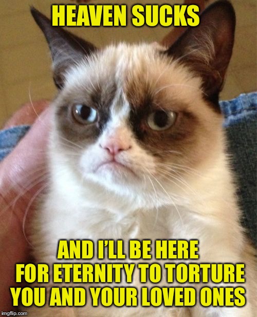 Grumpy Cat Meme | HEAVEN SUCKS; AND I’LL BE HERE FOR ETERNITY TO TORTURE YOU AND YOUR LOVED ONES | image tagged in memes,grumpy cat | made w/ Imgflip meme maker