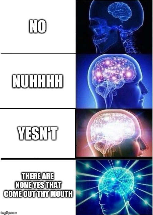 Expanding Brain | NO; NUHHHH; YESN'T; THERE ARE NONE YES THAT COME OUT THY MOUTH | image tagged in memes,expanding brain | made w/ Imgflip meme maker