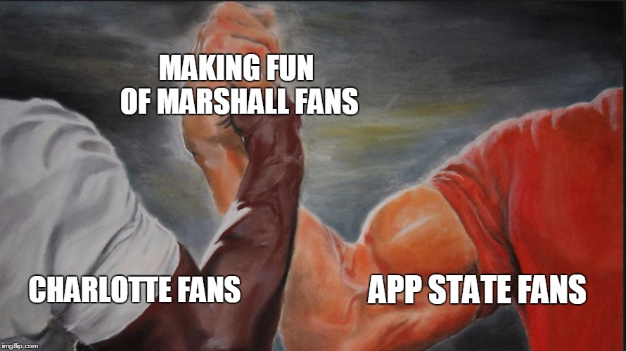 Black White Arms | MAKING FUN OF MARSHALL FANS; APP STATE FANS; CHARLOTTE FANS | image tagged in black white arms | made w/ Imgflip meme maker