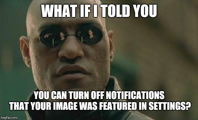 Matrix Morpheus Meme | WHAT IF I TOLD YOU; YOU CAN TURN OFF NOTIFICATIONS THAT YOUR IMAGE WAS FEATURED IN SETTINGS? | image tagged in memes,matrix morpheus | made w/ Imgflip meme maker