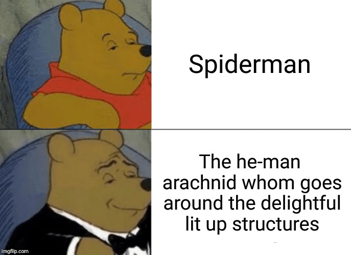 Tuxedo Winnie The Pooh | Spiderman; The he-man arachnid whom goes around the delightful lit up structures | image tagged in memes,tuxedo winnie the pooh | made w/ Imgflip meme maker