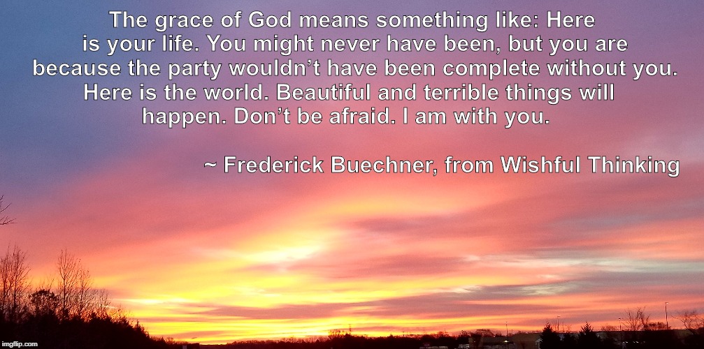 The grace of God means something like: Here is your life. You might never have been, but you are because the party wouldn’t have been complete without you. Here is the world. Beautiful and terrible things will 
        happen. Don’t be afraid. I am with you.


                                                                                     
       ~ Frederick Buechner, from Wishful Thinking | image tagged in inspirational quote | made w/ Imgflip meme maker
