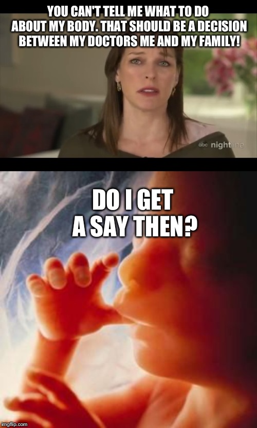 Imagine if she was the fetus and was going to get aborted. Damn right she would fight for her life | YOU CAN'T TELL ME WHAT TO DO ABOUT MY BODY. THAT SHOULD BE A DECISION BETWEEN MY DOCTORS ME AND MY FAMILY! DO I GET A SAY THEN? | image tagged in fetus | made w/ Imgflip meme maker