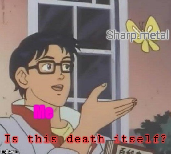Is This A Pigeon Meme | Me Sharp metal Is this death itself? | image tagged in memes,is this a pigeon | made w/ Imgflip meme maker