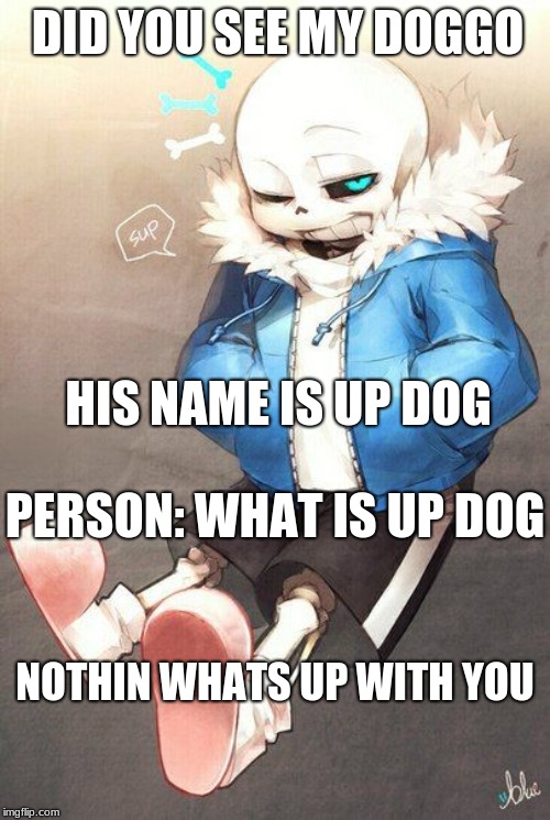 punny sans | DID YOU SEE MY DOGGO; HIS NAME IS UP DOG; PERSON: WHAT IS UP DOG; NOTHIN WHATS UP WITH YOU | image tagged in sans is punny | made w/ Imgflip meme maker