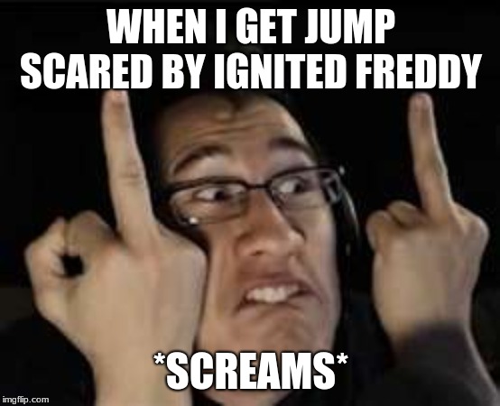 jumpscared | WHEN I GET JUMP SCARED BY IGNITED FREDDY; *SCREAMS* | image tagged in markiplier | made w/ Imgflip meme maker