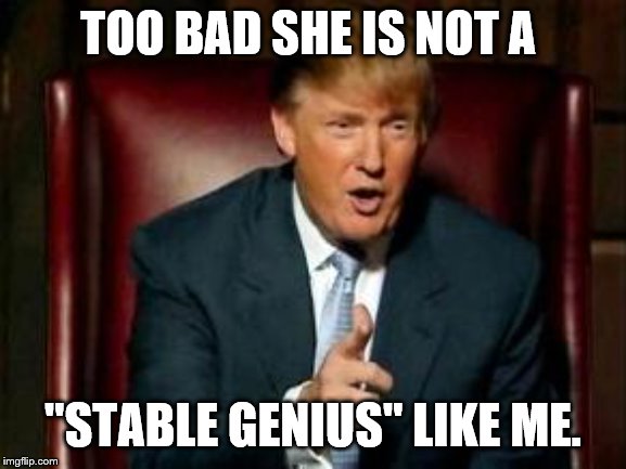 Donald Trump | TOO BAD SHE IS NOT A "STABLE GENIUS" LIKE ME. | image tagged in donald trump | made w/ Imgflip meme maker