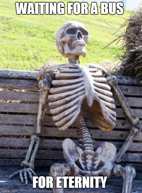 Waiting Skeleton Meme | WAITING FOR A BUS; FOR ETERNITY | image tagged in memes,waiting skeleton | made w/ Imgflip meme maker