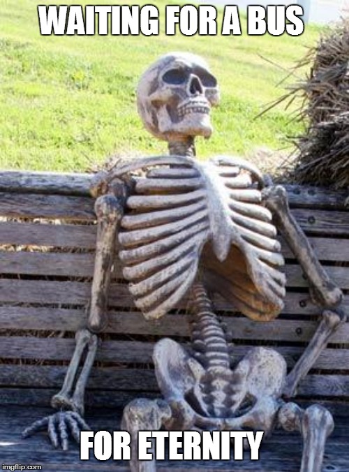 Waiting Skeleton | WAITING FOR A BUS; FOR ETERNITY | image tagged in memes,waiting skeleton | made w/ Imgflip meme maker