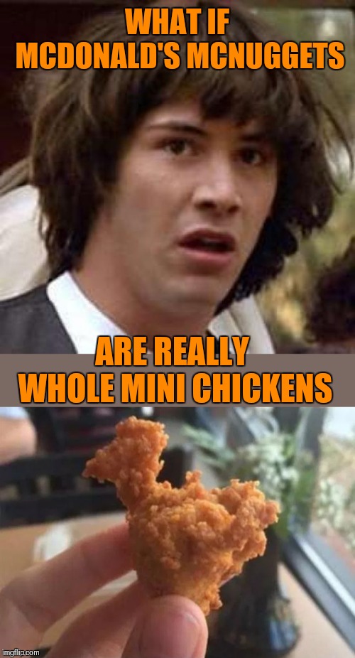 That would give people something to cluck about | WHAT IF MCDONALD'S MCNUGGETS; ARE REALLY WHOLE MINI CHICKENS | image tagged in memes,conspiracy keanu,mcdonalds,chicken,44colt,food | made w/ Imgflip meme maker