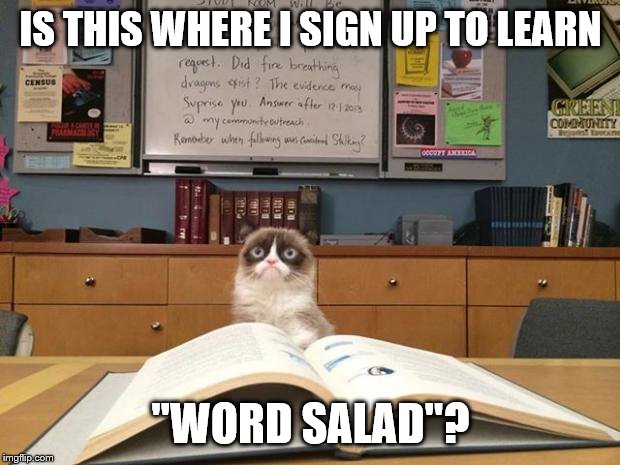 Grumpy cat studying | IS THIS WHERE I SIGN UP TO LEARN "WORD SALAD"? | image tagged in grumpy cat studying | made w/ Imgflip meme maker
